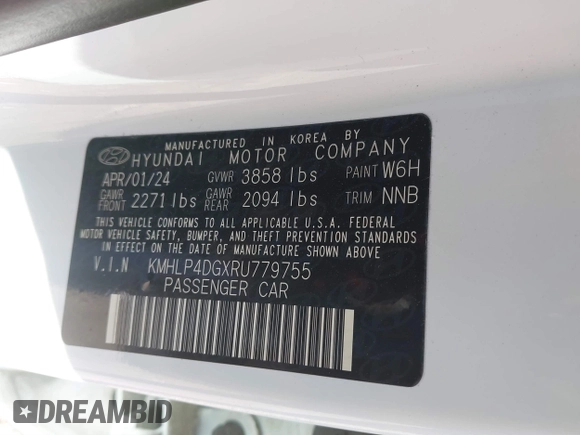 2024 Hyundai Elantra Limited with VIN KMHLP4DGXRU779755, listed as a IAAI auction lot 41818642 with 11,288 mi miles and . Bid and sale history available at DreamBid. Image 9.