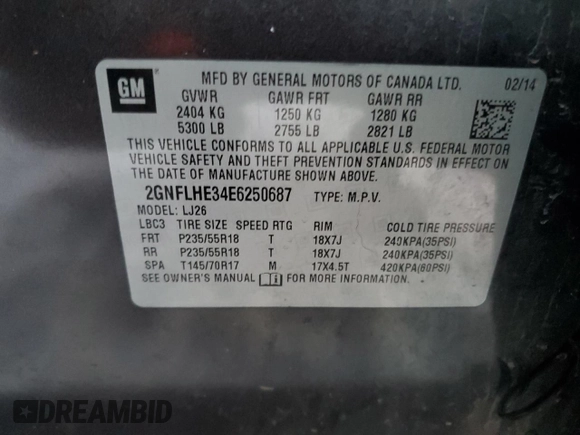 2014 Chevrolet Equinox LTZ with VIN 2GNFLHE34E6250687, listed as a Copart auction lot 87400714 with 136,491 mi miles and Salvage Title. Bid and sale history available at carsss.com. Image 13.