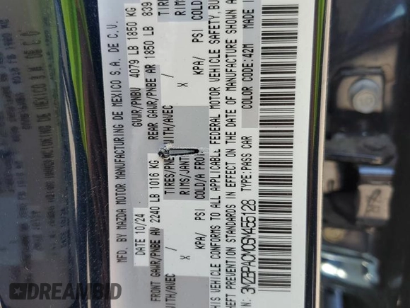 2025 Mazda 3 S Preferred with VIN 3MZBPACM0SM455128, listed as a Copart auction lot 52569265 with 2,042 mi miles and Salvage title. Bid and sale history available at DreamBid. Image 13.