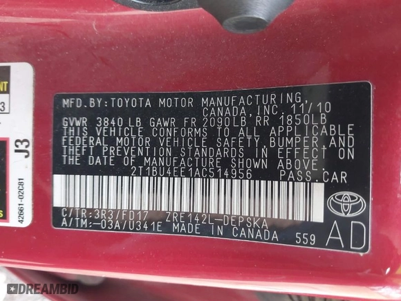 2010 Toyota Corolla with VIN 2T1BU4EE1AC514956, listed as a IAAI auction lot 41837234 with 92,172 mi miles. Bid and sale history available at carsss.com. Image 9.