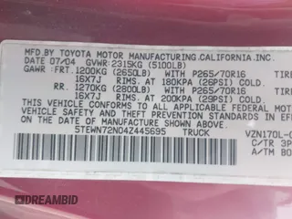 2004 Toyota Tacoma z VIN 5TEWN72N04Z445695, wystawiony jako IAAI lot #41993156 z przebiegiem 150 087 mil mil oraz . Historia ofert i sprzedaży dostępna na DreamBid. Obrazek 9.