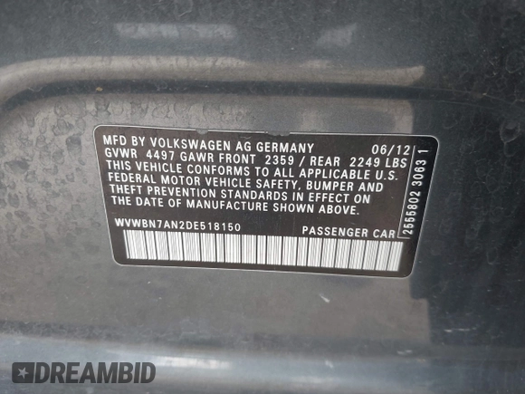 2013 Volkswagen CC Sport with VIN WVWBN7AN2DE518150, listed as a IAAI auction lot 42011967 with 115,127 mi miles and . Bid and sale history available at DreamBid. Image 9.