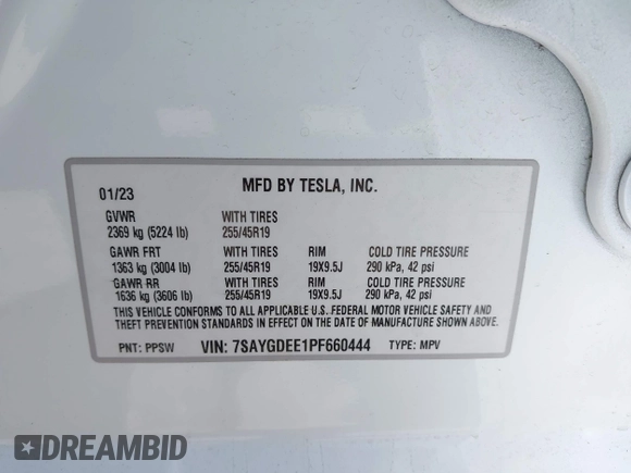 2023 Tesla Model Y Long Range with VIN 7SAYGDEE1PF660444, listed as a IAAI auction lot 42065046 with 23,601 mi miles and . Bid and sale history available at DreamBid. Image 9.