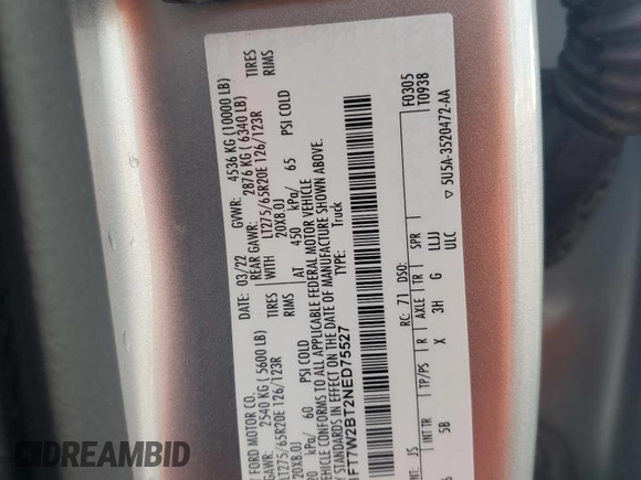 2022 Ford F-250 XL с VIN 1FT7W2BT2NED75527, выставлен на аукционе Copart как лот 56592935 с пробегом 53 934 миль миль и Списание • Salvage title. История ставок и продаж доступна на DreamBid. Изображение 13.