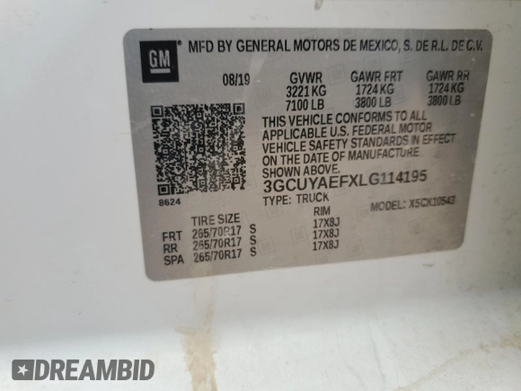 2020 Chevrolet Silverado 1500 Work Truck with VIN 3GCUYAEFXLG114195, listed as a Copart auction lot 46039775 with Not Provided miles and Salvage Title. Bid and sale history available at DreamBid. Image 13.