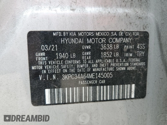 2021 Hyundai Accent Limited with VIN 3KPC34A64ME145005, listed as a Copart auction lot 85320034 with 43,701 mi miles and Salvage Title. Bid and sale history available at carsss.com. Image 15.