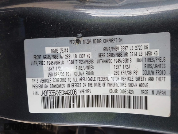 2014 Mazda CX-9 Sport with VIN JM3TB3BAXE0442006, listed as a IAAI auction lot 41430742 with 82,682 mi miles and . Bid and sale history available at DreamBid. Image 9.
