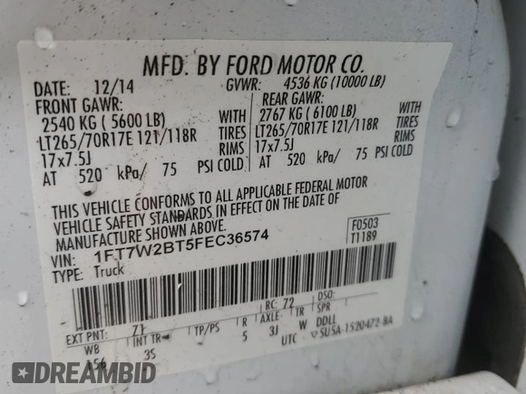 2015 Ford Super Duty F-250 SRW Lariat with VIN 1FT7W2BT5FEC36574, listed as a Copart auction lot 43209995 with 194,884 mi miles and Salvage Title. Bid and sale history available at carsss.com. Image 14.