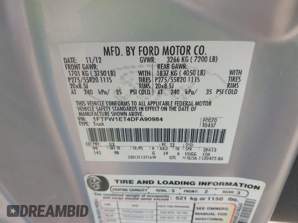 2013 Ford F-150 XL with VIN 1FTFW1ET4DFA90984, listed as a IAAI auction lot 42102603 with 136,097 mi miles and . Bid and sale history available at DreamBid. Image 9.