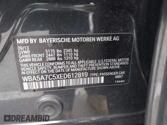 2014 BMW 5 Series 528i xDrive z VIN WBA5A7C5XED612819, wystawiony jako IAAI lot #42593601 z przebiegiem 174 821 mil mil oraz . Historia ofert i sprzedaży dostępna na DreamBid. Obrazek 9.