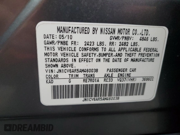 2010 Infiniti G37 x with VIN JN1CV6AR5AM460038, listed as a Copart auction lot 84489894 with 263,439 mi miles and Clean Title. Bid and sale history available at DreamBid. Image 12.