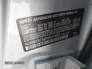 2015 BMW X3 xDrive28i with VIN 5UXWX9C5XF0D47850, listed as a IAAI auction lot 42050723 with 93,459 mi miles and . Bid and sale history available at DreamBid. Image 9.
