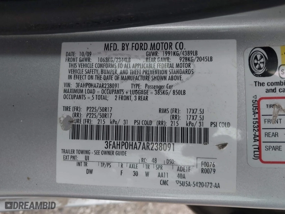 2010 Ford Fusion SE with VIN 3FAHP0HA7AR238091, listed as a IAAI auction lot 41847624 with 157,381 mi miles. Bid and sale history available at carsss.com. Image 9.