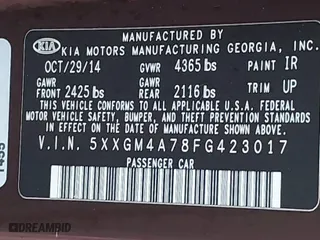 2015 Kia Optima LX with VIN 5XXGM4A78FG423017, listed as a IAAI auction lot 41465484 with 148,053 mi miles. Bid and sale history available at carsss.com. Image 9.