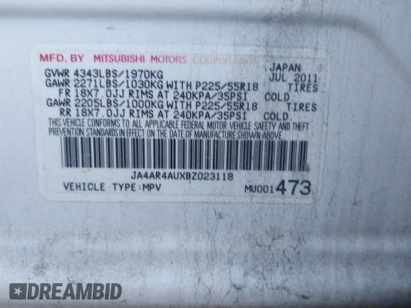 2011 Mitsubishi Outlander Sport SE with VIN JA4AR4AUXBZ023118, listed as a IAAI auction lot 41853985 with 139,529 mi miles. Bid and sale history available at carsss.com. Image 9.