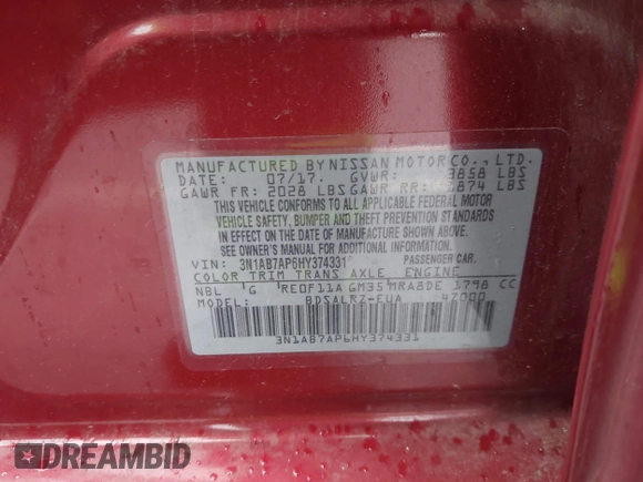 2017 Nissan Sentra S with VIN 3N1AB7AP6HY374331, listed as a IAAI auction lot 41765252 with 90,729 mi miles and . Bid and sale history available at DreamBid. Image 9.