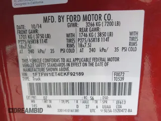 2014 Ford F-150 XL with VIN 1FTFW1ET4EKF92189, listed as a IAAI auction lot 41433126 with 191,591 mi miles and . Bid and sale history available at carsss.com. Image 9.