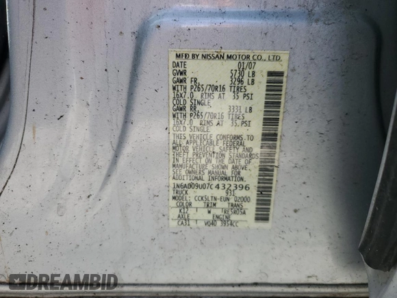 2007 Nissan Frontier LE with VIN 1N6AD09U07C432396, listed as a Copart auction lot 50728655 with Not provided miles and Clean title. Bid and sale history available at DreamBid. Image 12.