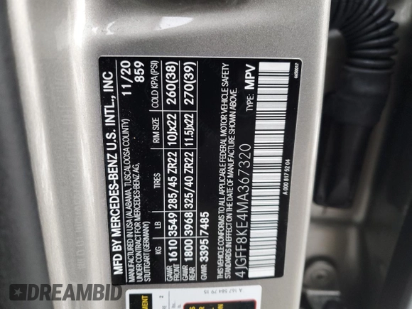 2021 Mercedes-Benz GLS with VIN 4JGFF8KE4MA367320, listed as a Copart auction lot 89048485 with 57,920 mi miles and Salvage Title. Bid and sale history available at carsss.com. Image 13.