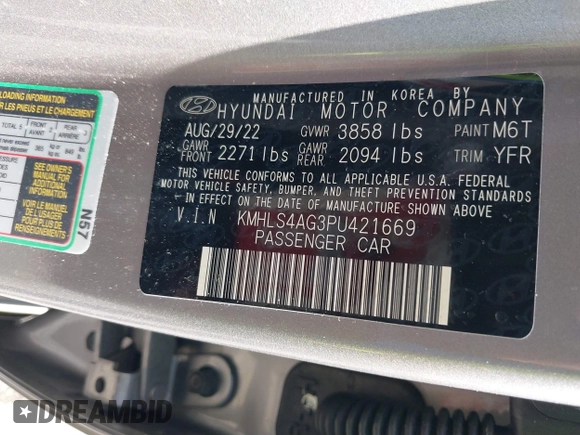 2023 Hyundai Elantra SEL with VIN KMHLS4AG3PU421669, listed as a IAAI auction lot 41278155 with 21,705 mi miles and . Bid and sale history available at DreamBid. Image 9.