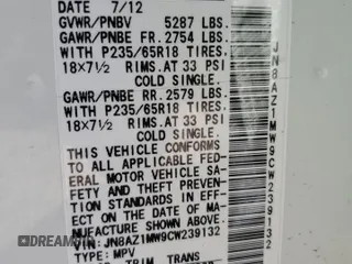 2012 Nissan Murano SL z VIN JN8AZ1MW9CW239132, wystawiony jako Copart lot #55807335 z przebiegiem 128 967 mil mil oraz Szkoda całkowita • Salvage title. Historia ofert i sprzedaży dostępna na DreamBid. Obrazek 12.
