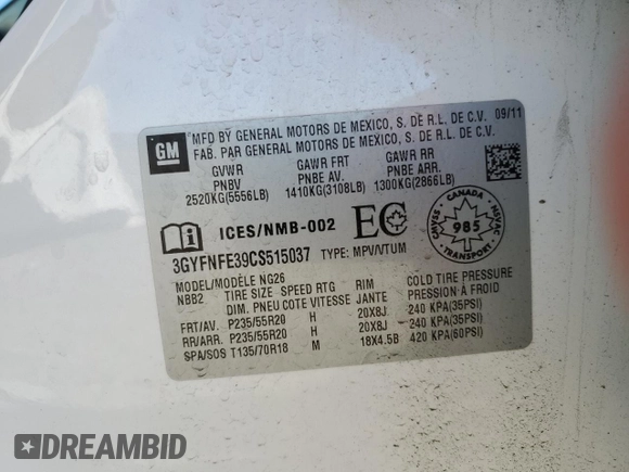 2012 Cadillac SRX Premium Collection with VIN 3GYFNFE39CS515037, listed as a Copart auction lot 55797235 with 146,778 mi miles and Salvage title. Bid and sale history available at DreamBid. Image 13.