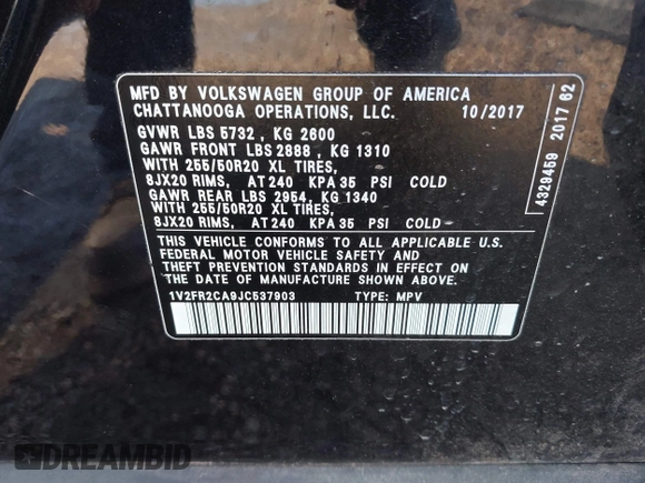 2018 Volkswagen Atlas SE with VIN 1V2FR2CA9JC537903, listed as a IAAI auction lot 41386874 with 118,764 mi miles and . Bid and sale history available at DreamBid. Image 9.