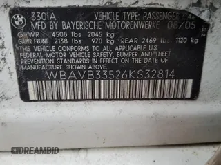 2006 BMW 3 Series 330i with VIN WBAVB33526KS32814, listed as a Copart auction lot 47785595 with 151,934 mi miles and Salvage Title. Bid and sale history available at DreamBid. Image 12.