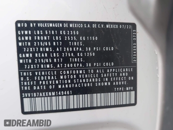 2022 Volkswagen Tiguan S z VIN 3VV1B7AXXNM149461, wystawiony jako IAAI lot #41746132 z przebiegiem 22 832 mil mil oraz . Historia ofert i sprzedaży dostępna na DreamBid. Obrazek 9.