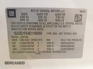 2012 Chevrolet Express Passenger 1LT z VIN 1GAZG1FA4C1189350, wystawiony jako IAAI lot #42246336 z przebiegiem 239 216 mil mil oraz . Historia ofert i sprzedaży dostępna na DreamBid. Obrazek 9.