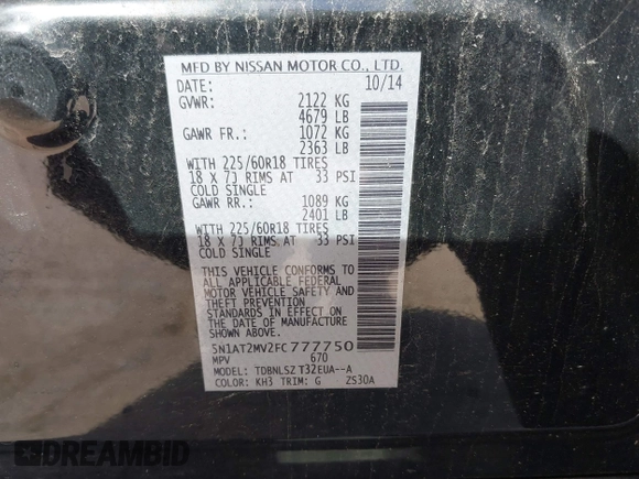 2015 Nissan Rogue SL with VIN 5N1AT2MV2FC777750, listed as a IAAI auction lot 42066839 with 168,770 mi miles. Bid and sale history available at carsss.com. Image 9.