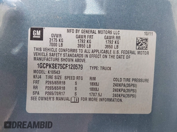 2012 Chevrolet Silverado 1500 LT with VIN 1GCPKSE75CF120579, listed as a IAAI auction lot 41772091 with 107,667 mi miles and . Bid and sale history available at DreamBid. Image 9.