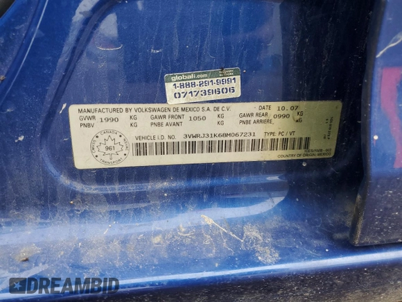 2008 Volkswagen Jetta z VIN 3VWRJ31K68M067231, wystawiony jako Copart lot #53196704 z przebiegiem 161 525 mil mil oraz Szkoda całkowita • Salvage title. Historia ofert i sprzedaży dostępna na DreamBid. Obrazek 12.