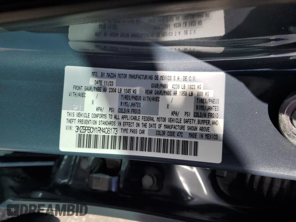 2024 Mazda 3 S Carbon Edition with VIN 3MZBPBCM1RM408173, listed as a Copart auction lot 48551675 with 451 mi miles and Clean title. Bid and sale history available at DreamBid. Image 12.