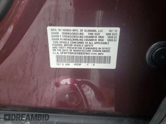 2016 Honda Pilot EX-L with VIN 5FNYF6H5XGB032941, listed as a Copart auction lot 47847915 with 113,669 mi miles and Salvage Title. Bid and sale history available at carsss.com. Image 15.