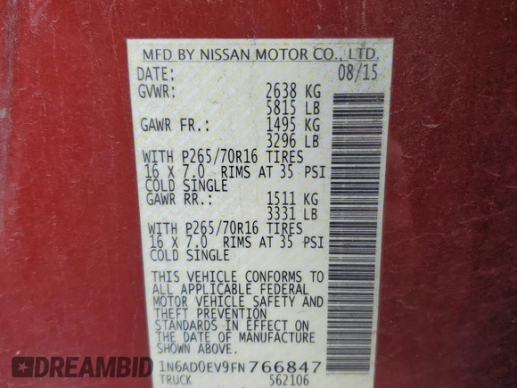 2015 Nissan Frontier S with VIN 1N6AD0EV9FN766847, listed as a Copart auction lot 60285445 with 95,918 mi miles and Salvage title. Bid and sale history available at DreamBid. Image 12.