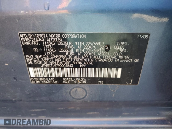 2009 Toyota RAV4 Limited with VIN JTMBK31V79D004843, listed as a Copart auction lot 62607935 with 105,454 mi miles and Clean title. Bid and sale history available at DreamBid. Image 13.