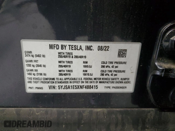 2022 Tesla Model S с VIN 5YJSA1E5XNF488415, выставлен на аукционе Copart как лот 57347565 с пробегом 18 662 миль миль и Списание • Salvage title. История ставок и продаж доступна на DreamBid. Изображение 13.
