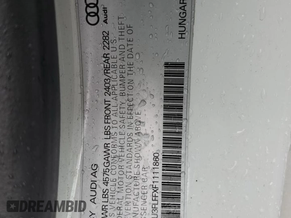 2015 Audi A3 2.0T Premium Plus with VIN WAU3FLFFXF1111860, listed as a Copart auction lot 68543463 with 102,714 mi miles. Bid and sale history available at carsss.com. Image 12.