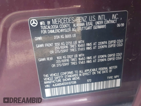 1999 Mercedes-Benz M 320/430/500 with VIN 4JGAB54E5XA127036, listed as a IAAI auction lot 42587793 with 131,129 mi miles and . Bid and sale history available at DreamBid. Image 9.