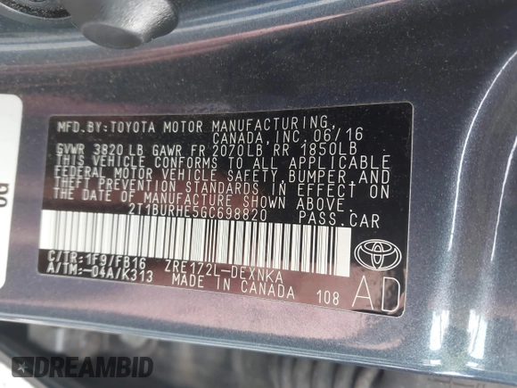 2016 Toyota Corolla L with VIN 2T1BURHE5GC698820, listed as a IAAI auction lot 42166585 with 138,975 mi miles and . Bid and sale history available at DreamBid. Image 9.