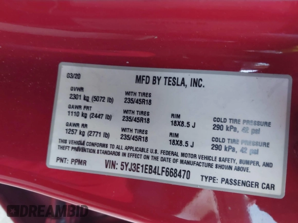 2020 Tesla Model 3 Long Range with VIN 5YJ3E1EB4LF668470, listed as a IAAI auction lot 41743651 with 151,957 mi miles. Bid and sale history available at carsss.com. Image 9.