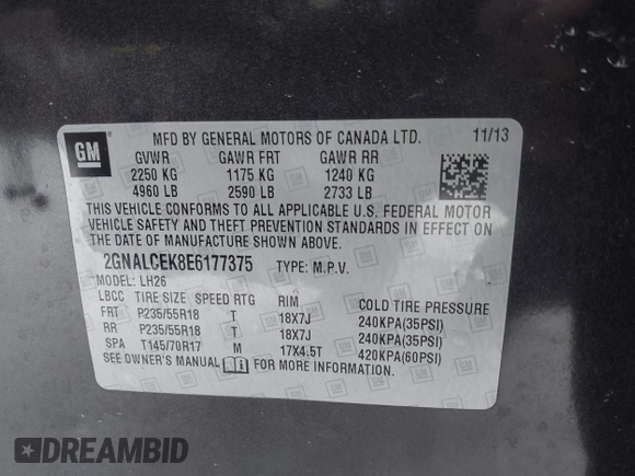 2014 Chevrolet Equinox LT with VIN 2GNALCEK8E6177375, listed as a IAAI auction lot 41364951 with 112,388 mi miles. Bid and sale history available at carsss.com. Image 9.