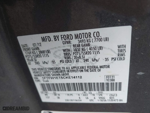 2012 Ford F-150 XL with VIN 1FTFW1ET5CKE14112, listed as a IAAI auction lot 41370393 with 1 mi miles. Bid and sale history available at carsss.com. Image 9.
