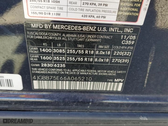 2006 Mercedes-Benz M-Class 5.0L with VIN 4JGBB75E66A065210, listed as a Copart auction lot 49834045 with 204,746 mi miles and Salvage Title. Bid and sale history available at carsss.com. Image 14.