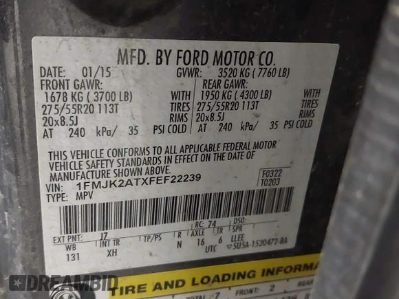 2015 Ford Expedition Max Limited с VIN 1FMJK2ATXFEF22239, выставлен на аукционе IAAI как лот 41906914 с пробегом 78 196 миль миль и . История ставок и продаж доступна на DreamBid. Изображение 9.