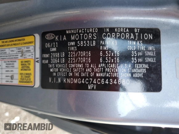 2012 Kia Sedona LX with VIN KNDMG4C74C6434680, listed as a Copart auction lot 75170724 with 135,406 mi miles and Clean Title. Bid and sale history available at carsss.com. Image 14.