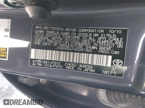 2010 Toyota Prius II with VIN JTDKN3DU1A0241365, listed as a IAAI auction lot 41923074 with 184,308 mi miles. Bid and sale history available at carsss.com. Image 9.