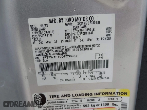 2013 Ford F-150 XL с VIN 1FTFW1ET0DFC30982, выставлен на аукционе IAAI как лот 42541514 с пробегом 133 534 миль миль и . История ставок и продаж доступна на DreamBid. Изображение 9.
