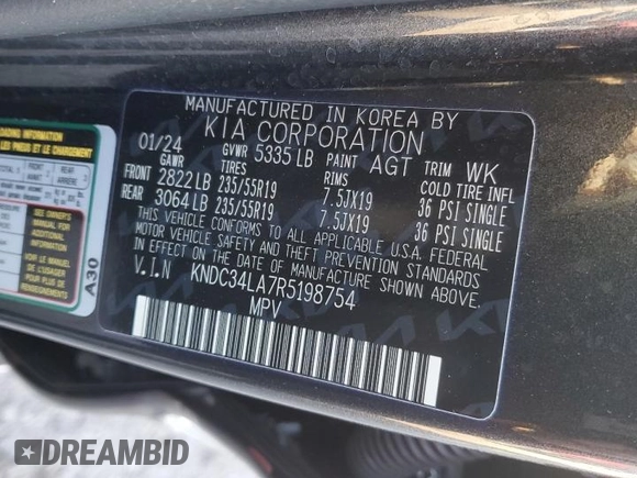 2024 Kia EV6 Wind with VIN KNDC34LA7R5198754, listed as a Copart auction lot 50827705 with 19,173 mi miles and Clean Title. Bid and sale history available at carsss.com. Image 12.